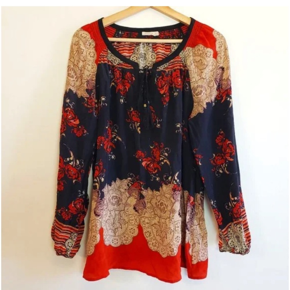 Meadow Rue Anthropologie Silk Floral Tunic Blouse Tassels Neckline Accent Sz M